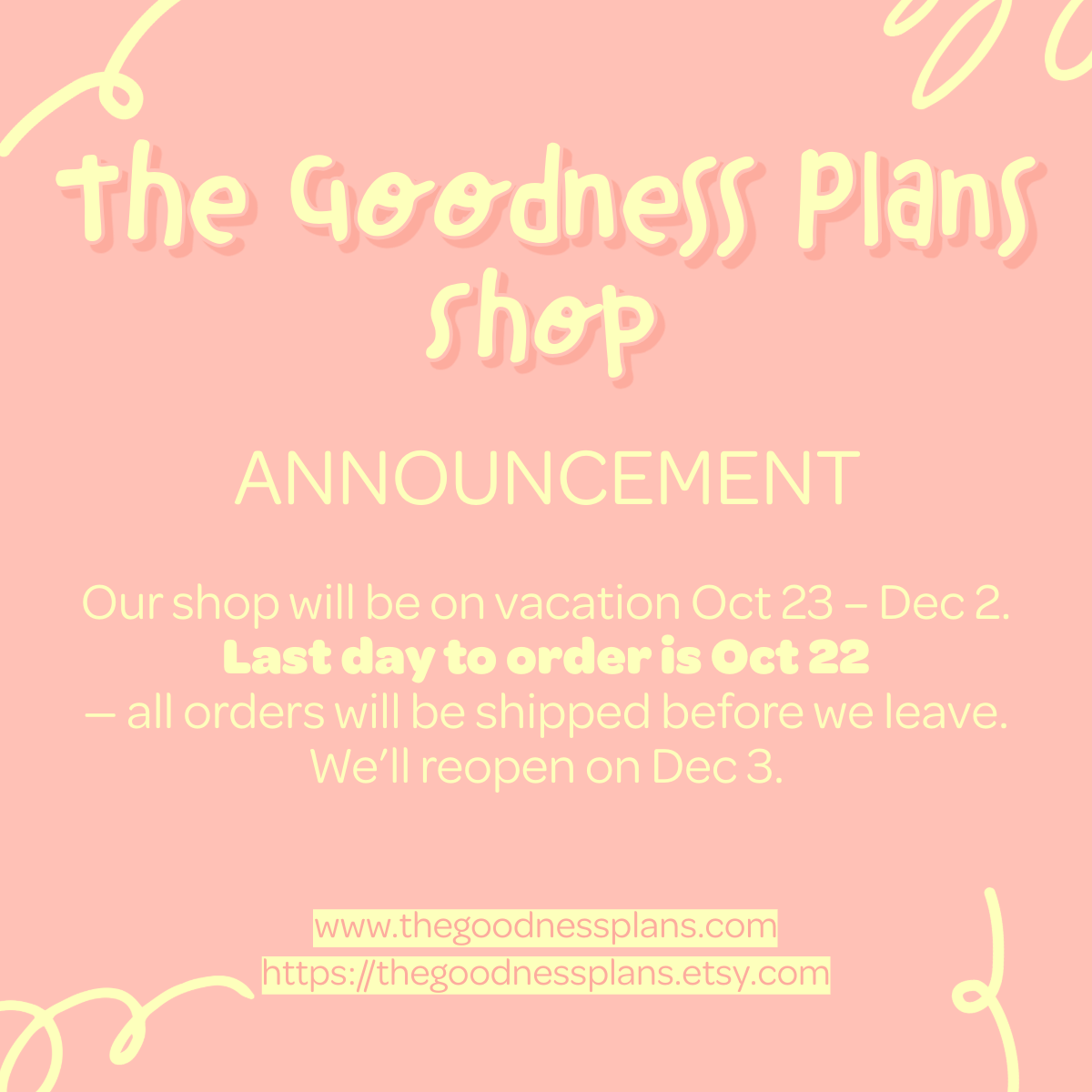 Vacation Notice: Shipping Schedule Update (Oct 23 – Dec 2)